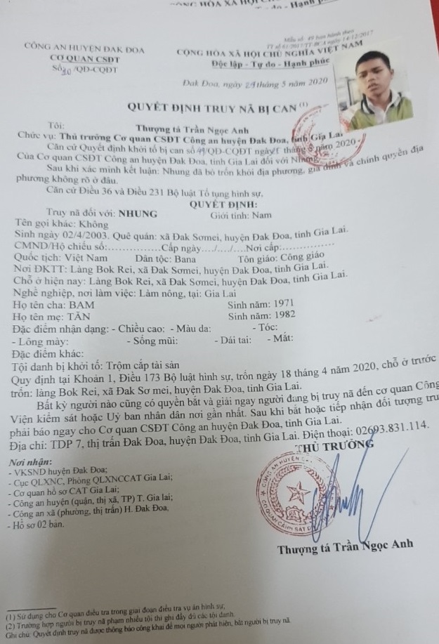 Quyết định truy nã đối với Nhung của Công an huyện Đắk Đoa