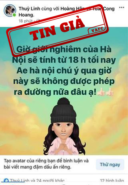 Facebooker “Thùy Linh” đăng tải thông tin “Giờ giới nghiêm của Hà Nội sẽ tính từ 18h tối nay”.