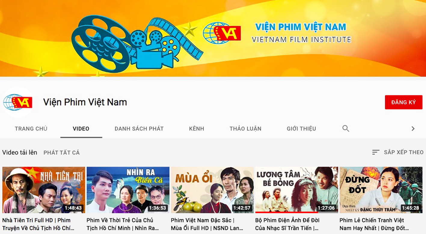 Giao diện trang chủ của kênh YouTube Viện phim Việt Nam