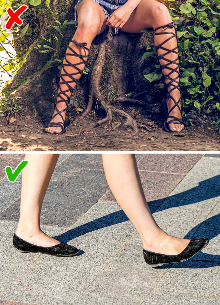 Vấn đề với cái gọi là dép La Mã hoặc giày đế bệt là chúng được thiết kế để thu hút nhiều sự chú ý đến bắp chân của bạn nhờ vào số lượng lớn dây đai và dây mà chúng có. Điều này thậm chí còn hơn thế nếu họ đi đến tận bắp chân. Kiểu giày này không làm hài lòng những phụ nữ có đôi chân dày vì những vết cắt trên dây tạo ra, và thậm chí họ có thể trở nên khó chịu sau khi đi bộ một thời gian.  Mặt khác, giày ballerina có xu hướng tôn lên những phụ nữ có đôi chân thon và tốt nhất nên mặc với váy ngắn.