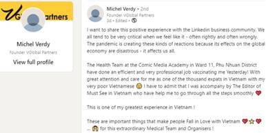 “Đây là một trong những trải nghiệm tuyệt vời nhất của tôi ở Việt Nam!” - Ông Michel Verdy viết trên Linkedin.
