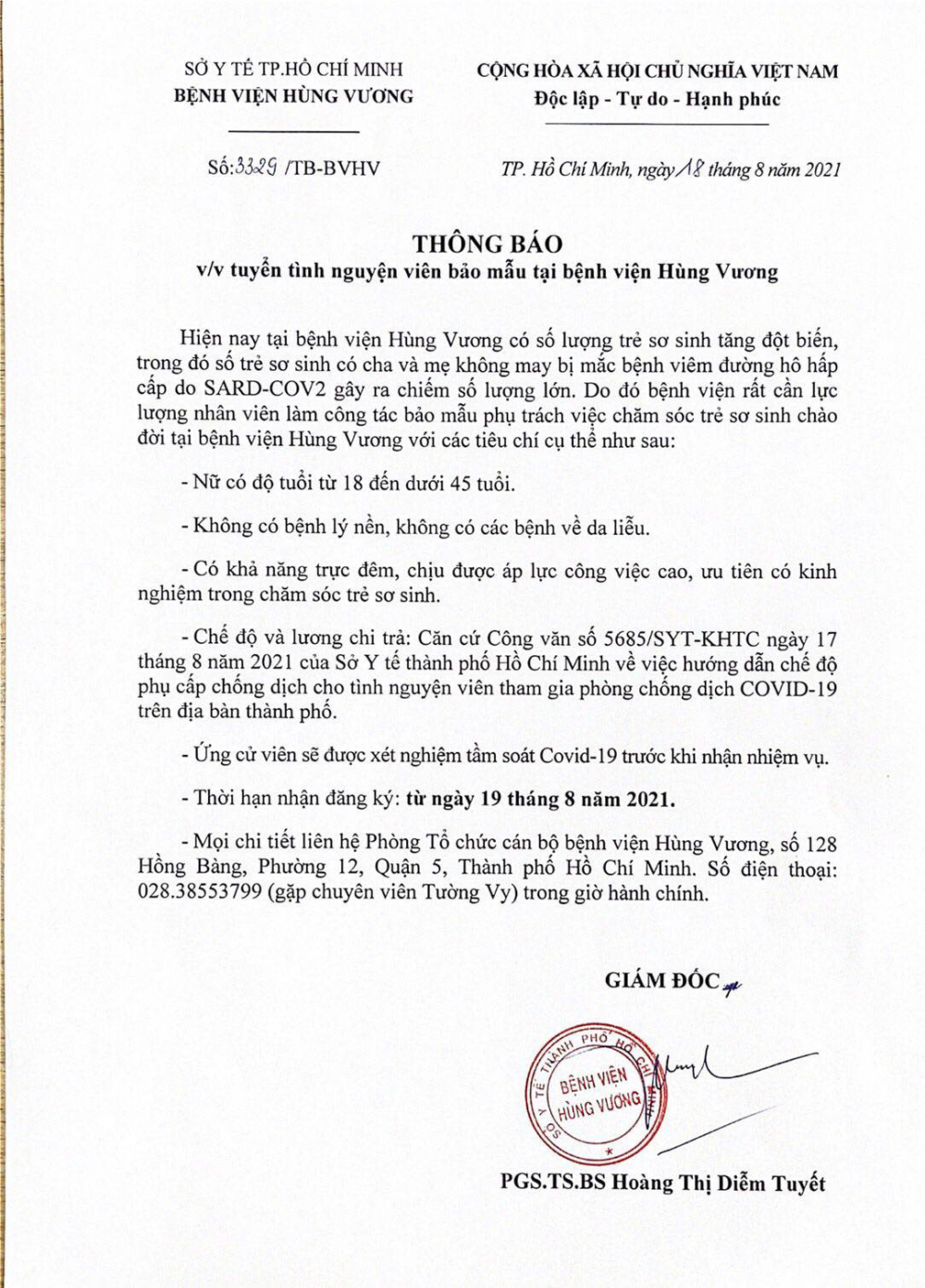 Thông báo tuyển tình nguyện viên của Bệnh viện Hùng Vương