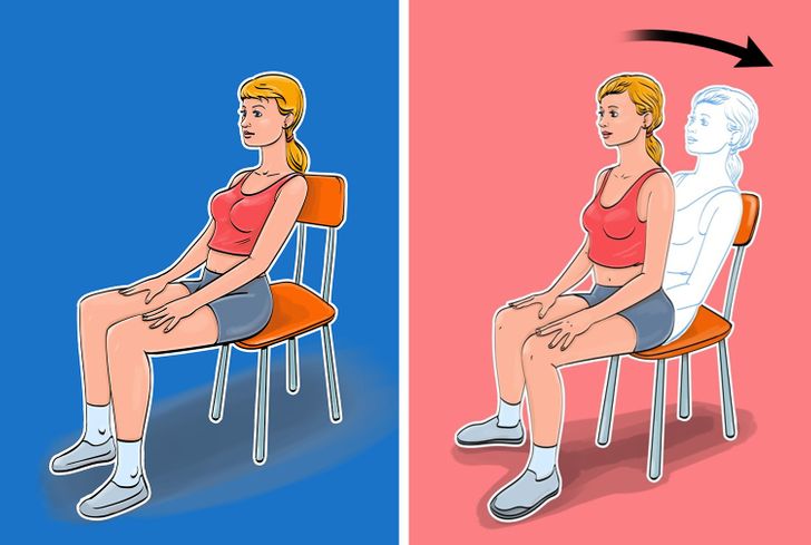7. Khởi động 7 bài tập cho bụng phẳng và eo thon mà bạn thậm chí có thể thực hiện khi ngồi trên ghế Bài tập này giúp làm nóng cơ bắp của chúng ta bởi vì ngay cả khi buổi tập của chúng ta kéo dài trong 5 phút, chúng ta cũng phải chuẩn bị tinh thần.  Kỹ thuật tập luyện:  Ngồi ở mép ghế, đặt tay lên đầu gối. Nhẹ nhàng ngả người về phía sau, làm co cơ bụng và giữ thẳng lưng. Lưng của bạn có thể chạm vào lưng ghế, nhưng đừng đè nặng lên. Từ từ trở lại vị trí bắt đầu. Thực hiện 10-12 lần lặp lại.