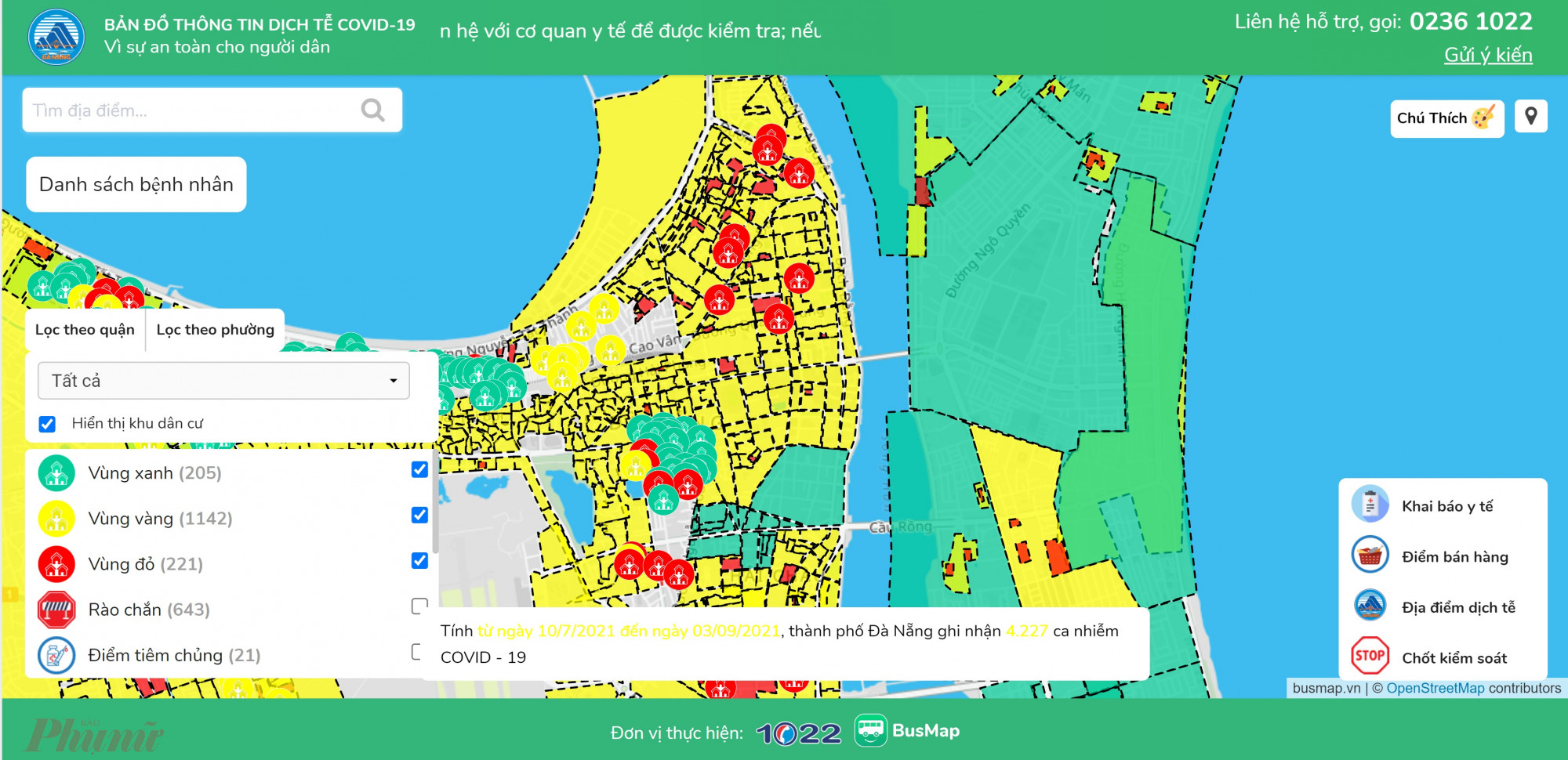 Bản đồ dịch tễ COVID-19 Đà Nẵng hiển thị các vùng đỏ, vàng, xanh