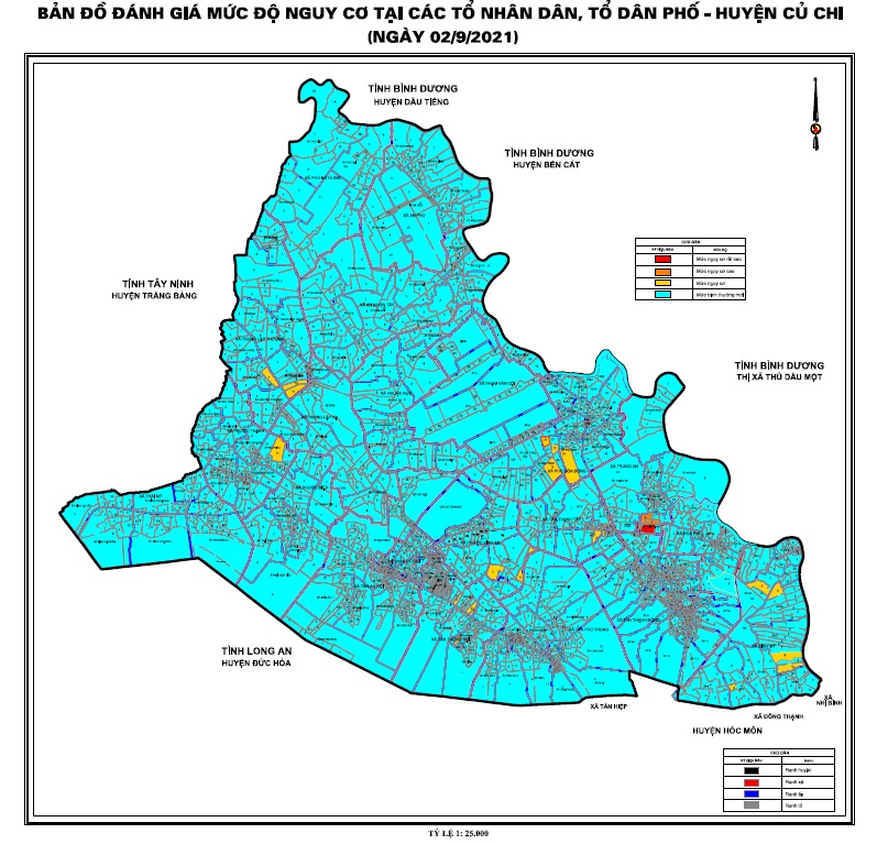 Bản đồ đánh giá mức độ nguy cơ từng khu phố trên địa bàn huyện Củ Chi. Ảnh: Quốc Ngọc