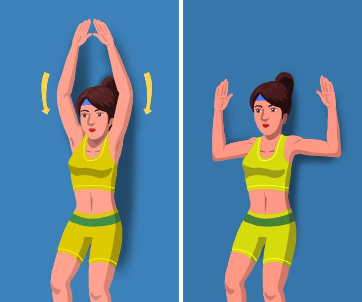 “Trượt tường” là một bài tập đơn giản giúp phục hồi cơ thể và giảm căng cơ ở cổ và vai. Bước đầu tiên là đứng dựa lưng vào tường, đầu gối hơi cong và hai tay duỗi qua đầu. Giữ mu bàn tay, cùi chỏ, vai và cột sống của bạn ép vào tường khi bạn trượt cánh tay xuống cho đến khi củi chỏ ngang vai. Sau đó, nâng cánh tay của bạn lên trở lại và lặp lại động tác này 10-12 lần.
