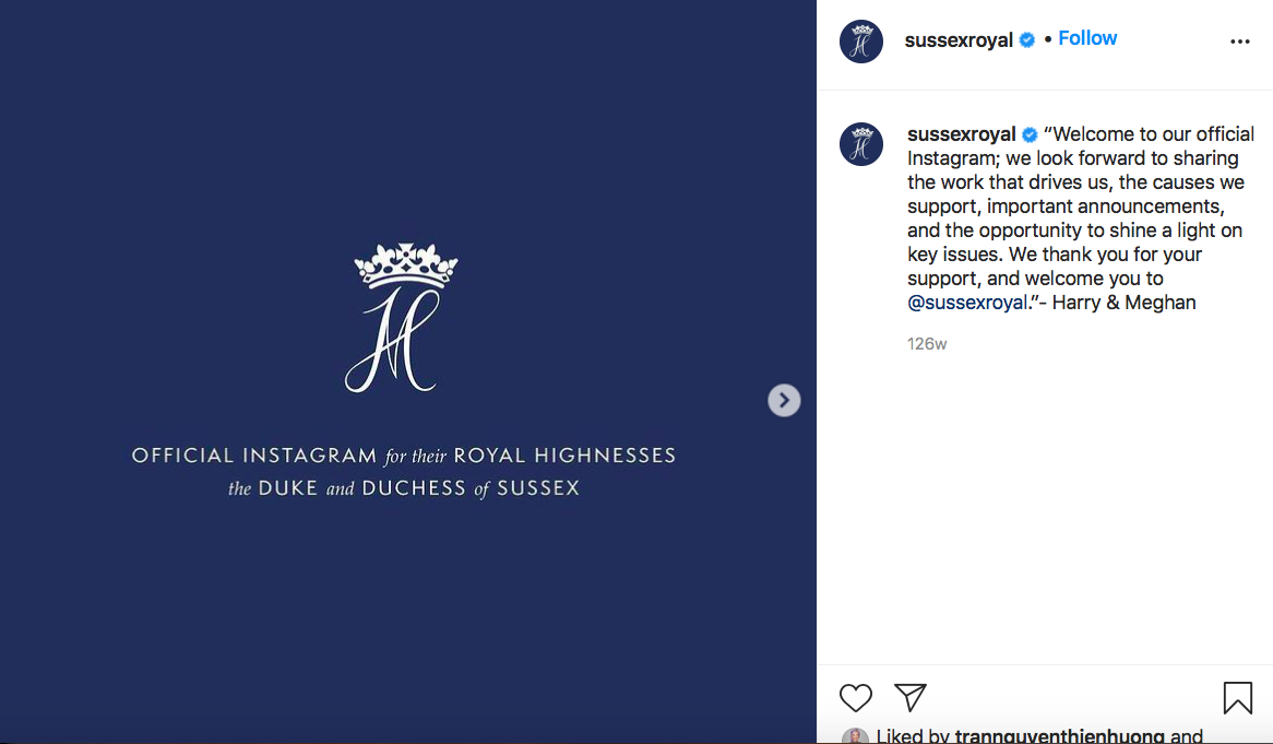 Gia đình hoàng tử Harry và công nương Meghan Markle tung ra tài khoản Instagram tách biệt với Hoàng gia Anh vào tháng 4/2019. Họ nói lời chào với công chúng trong bài đăng đầu tiên, và có 1 triệu người theo dõi sau 5 giờ 45 phút. 	