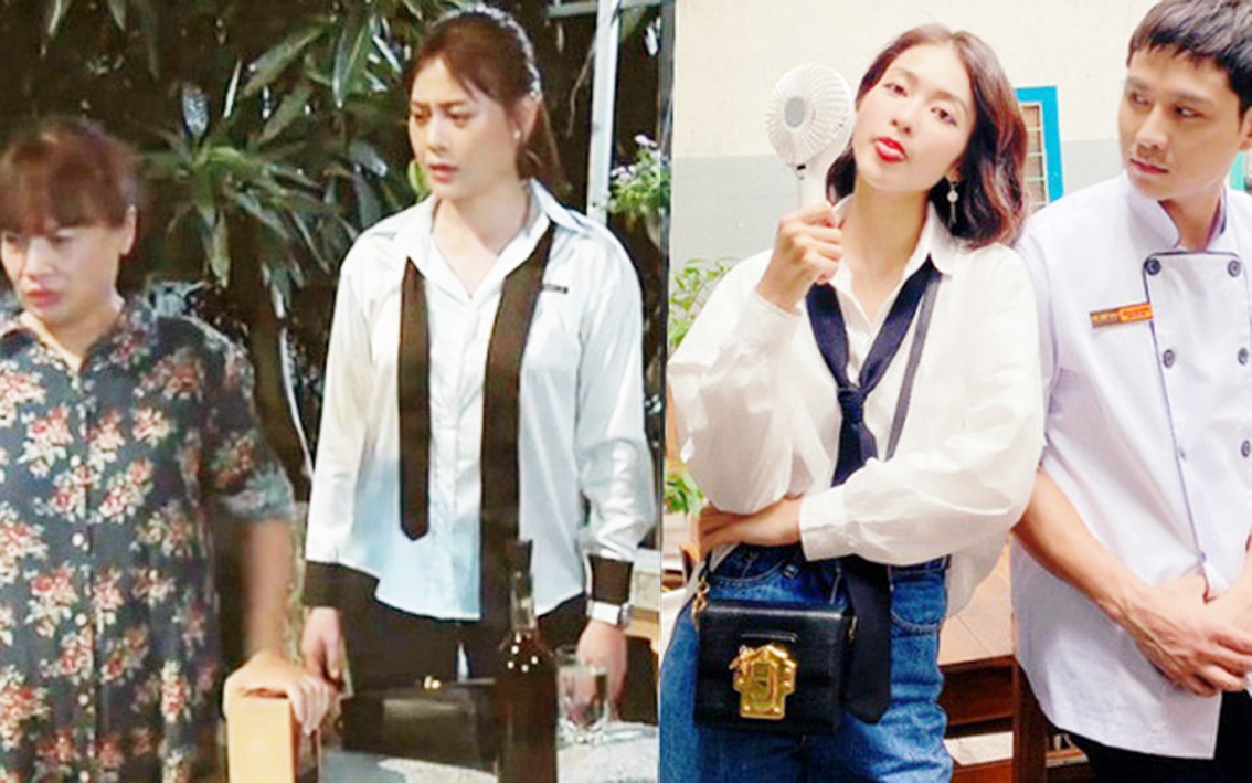 Cùng diện hai món đồ cơ bản là quần jeans và áo sơ mi, nhưng cách phối đồ của  nhân vật Tuệ Nhi trong 11 tháng 5 ngày (phải) đẹp mắt hơn hẳn nhân vật Nam trong  Hương vị tình thân (trái)