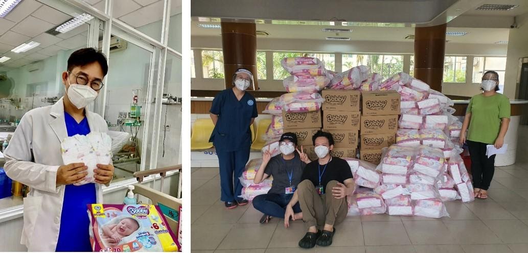 Những chiếc tã yêu thương được Bobby gửi tặng đến các bé sơ sinh có bố mẹ mắc COVID-19 tại Bệnh viện Hùng Vương và Bệnh viện Từ Dũ, TPHCM - Ảnh: Diana Unicharm