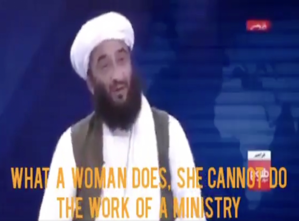 Sayed Zekrullah Hashimi phát biểu trên truyền hình Afghanistan rằng phụ nữ không cần thiết phải phục vụ trong chính phủ mới của Taliban - Ảnh: TOLOnews, ảnh chụp màn hình
