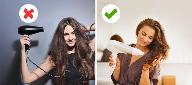 Sử dụng máy sấy tóc không đúng cách có thể gây hư tổn cho tóc. Dưới đây là hướng dẫn từng bước sẽ giúp bạn tránh những sai lầm:  Để bắt đầu, hãy thấm ướt tóc bằng khăn. Sau đó, lấy một phần đính kèm vòi phun phẳng và lắp nó vào máy sấy tóc của bạn. Bắt đầu làm khô tóc từ chân tóc đến ngọn tóc, đảm bảo rằng vòi của máy sấy nằm ở góc nhọn so với sợi tóc. Một kỹ thuật như vậy giúp đóng các lớp biểu bì.  Lúc đầu, khi tóc còn ướt, bạn có thể chuyển máy sấy về nhiệt độ tối đa. Nhưng sau đó, từng chút một, nhiệt độ cần được giảm xuống để tránh làm khô quá. Một lời khuyên - khi mua máy sấy tóc, hãy ưu tiên những kiểu máy có nhiều cài đặt nhiệt độ!  Kết thúc quy trình bằng cách xử lý tóc của bạn với một vài luồng khí lạnh.
