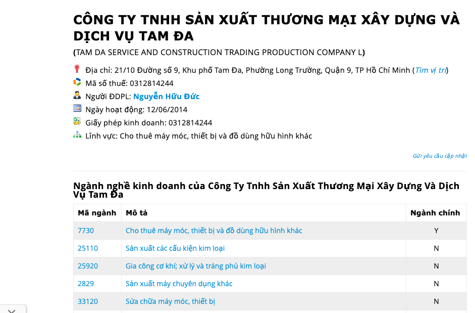 Công an đang truy tìm Nguyễn Hữu Đức, Giám đốc Công ty Tam Đa trong vụ án hình sự Lạm dụng tín nhiệm chiếm đoạt tài sản - Ảnh chụp màn hình công ty này.