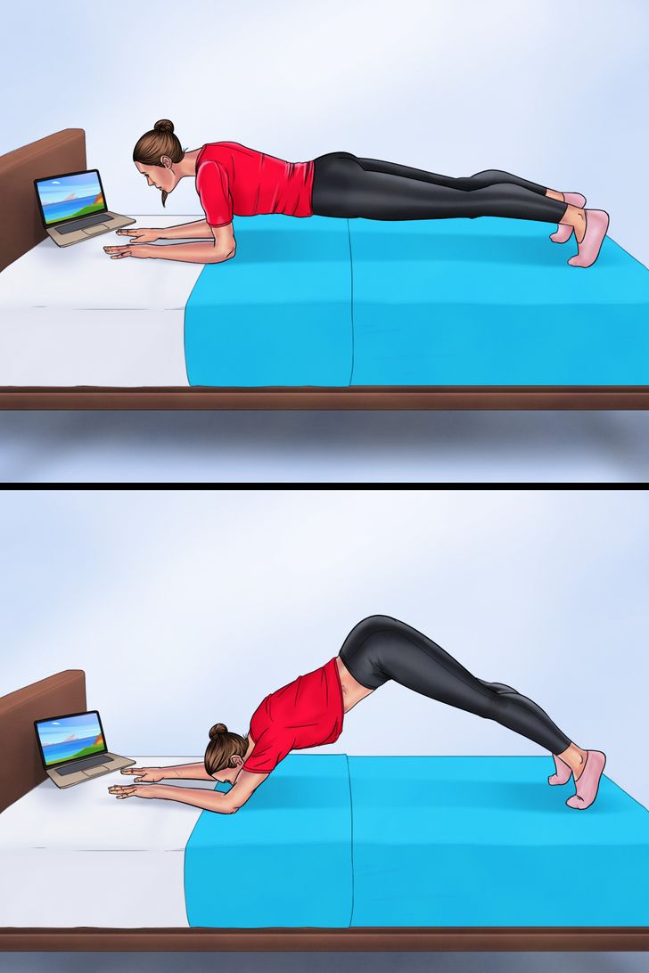 4. Plank cẳng tay Đặt cẳng tay của bạn dưới vai, lòng bàn tay hướng xuống giường.  Đặt hai chân rộng bằng hông và đảm bảo cơ thể bạn tạo thành một đường thẳng.  Sau đó, từ từ nâng trọng tâm của bạn lên, siết cơ bụng và trở lại vị trí ban đầu.  Bạn có thể lặp lại một cách nhanh chóng hoặc giữ mỗi tư thế trong 10 giây.