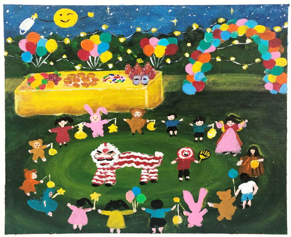 Ước mơ về một đêm hội Trung thu không COVID cùng các bạn được hiện lên đầy vui tươi và lạc quan qua tài hội họa của Trương Đặng Gia Khang (9 tuổi). Tác phẩm đã đoạt giải nhất