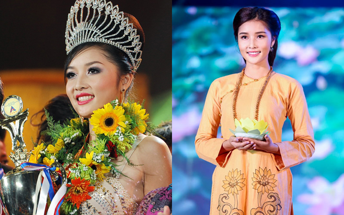 Hoa hậu Triệu Thị Hà lúc đăng quang (trái) và trong show diễn thiện nguyện đầu năm 2016