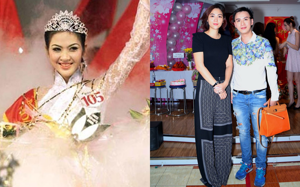 Hoa hậu Thu Ngân lúc đăng quang (trái) và lần xuất hiện hiếm hoi năm 2015 (phải) cùng một người bạn