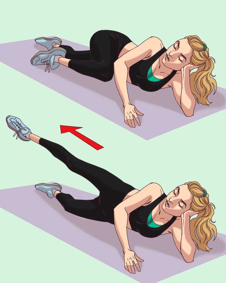Nằm ở tư thế ban đầu: nằm nghiêng, đầu gối co. Kéo đầu gối trên của bạn vào ngực. Sau đó đẩy chân lên một  góc 45 ° và giữ tư thế này trong vài giây. Thực hiện 15 lần mỗi bên.
