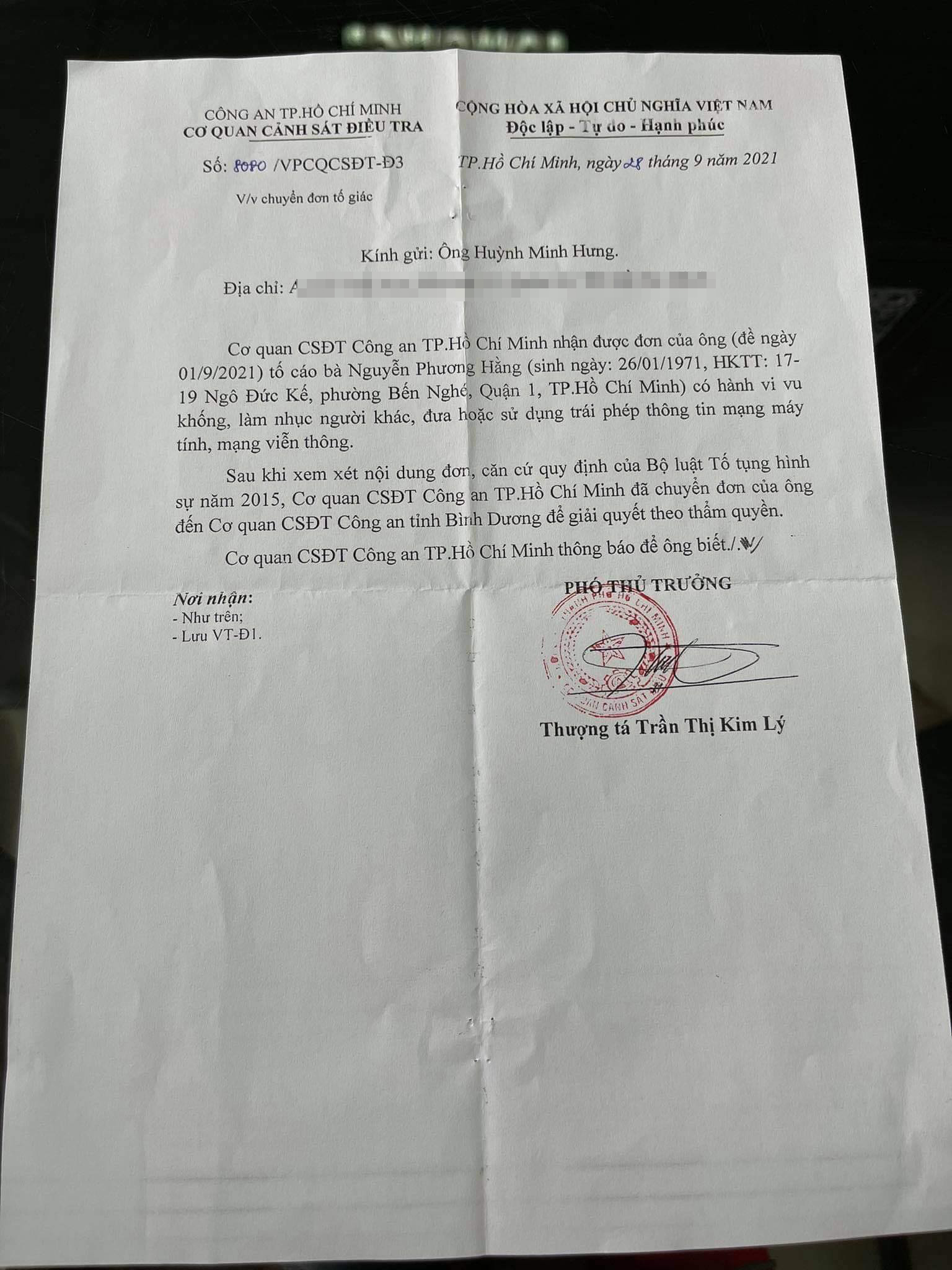 Văn bản Công an TPHCM phản hồi cho ca sĩ Đàm Vĩnh Hưng