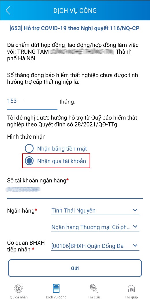 Nếu chọn chuyển khoản, điền thông tin đầy đủ vào các ô yêu cầu, chọn cơ quan tiếp nhận hồ sơ, cuối cùng bấm nút gửi