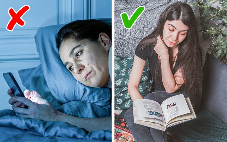 3. tránh sử dụng diện thoại mà hãy đọc sách  Melatonin là một loại hormone cần thiết cho giấc ngủ phục hồi. Nếu thức giấc vào nửa đêm có thể do bạn thiếu melatonin và việc sử dụng điện thoại sẽ không làm tăng nồng độ melatonin. Ngược lại, ánh sáng từ màn hình sẽ khiến loại hormone này  giảm đi nhiều hơn và khiến bạn không thể ngủ lại được. Những gì bạn cần làm là loại bỏ hoàn toàn điện thoại khỏi chiếc giường ngủ. Nếu bạn vẫn trằn trọc, hãy thử đọc sách dưới ánh sáng vàng. Những dòng chữ trên giấy nhất định có khả năng khiến bạn buồn ngủ. Có một lý do khiến cha mẹ vẫn thường đọc sách cho chúng ta nghe trước khi đi ngủ. Và nếu những gì bạn đang đọc không làm bạn hứng thú, bạn sẽ buồn ngủ nhanh hơn.