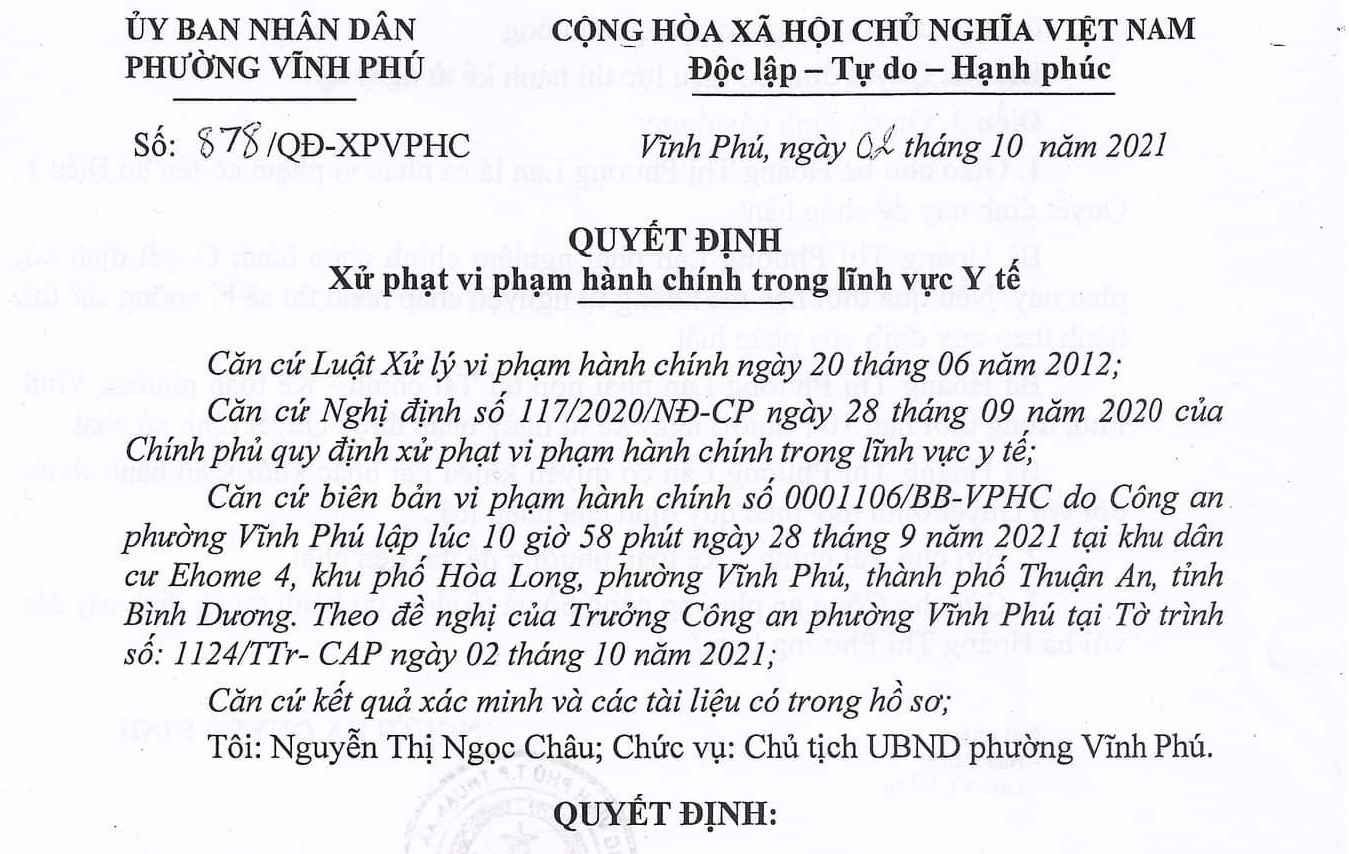 Quyết định xử phạt chị L. 2 triệu đồng của UBND phường Vĩnh Phú.