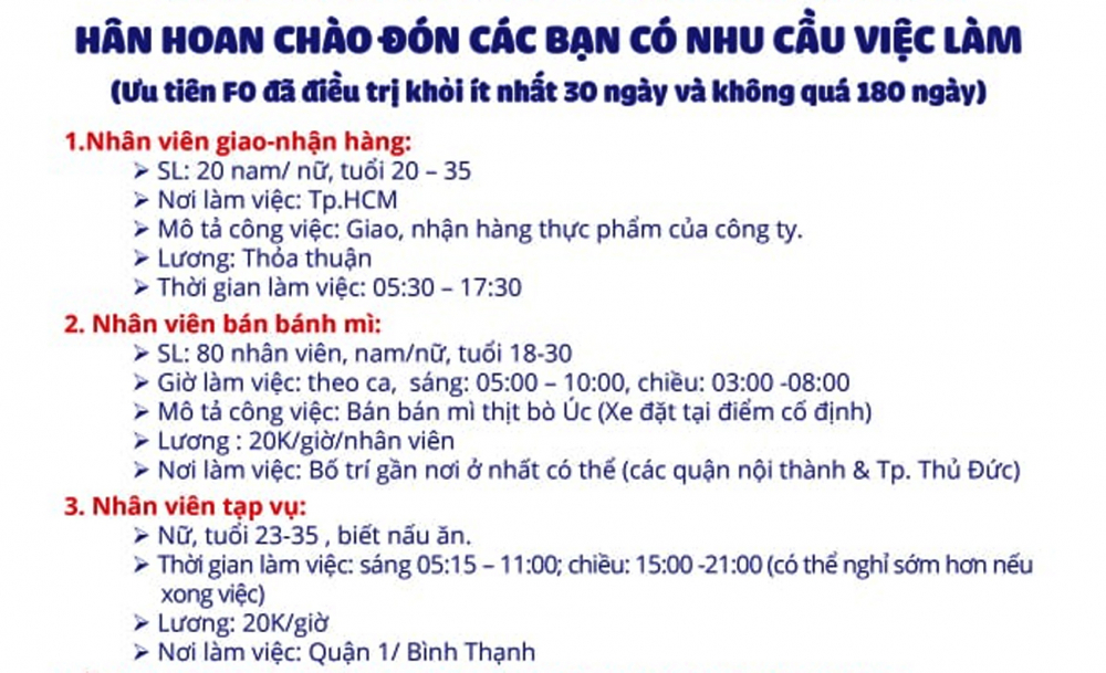 Một doanh nghiệp tuyển hàng trăm lao động với điều kiện ưu tiên là F0 đã khỏi bệnh 30 ngày