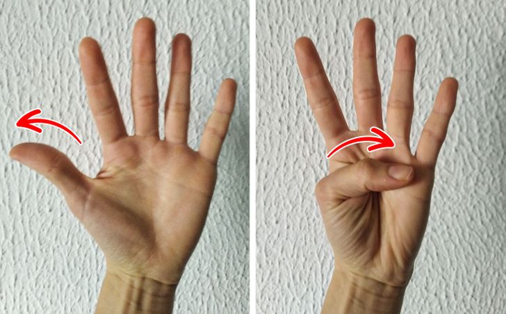 Bẻ cong/mở rộng ngón cái: Điều này giúp  giảm độ cứng cho bàn tay của bạn bằng cách giữ cho chúng dẻo dai. Bắt đầu với ngón tay cái của bạn hướng ra ngoài. Di chuyển ngón tay cái của bạn vào lòng bàn tay và trở lại vị trí mở. Lặp lại động tác một vài lần trên mỗi tay.