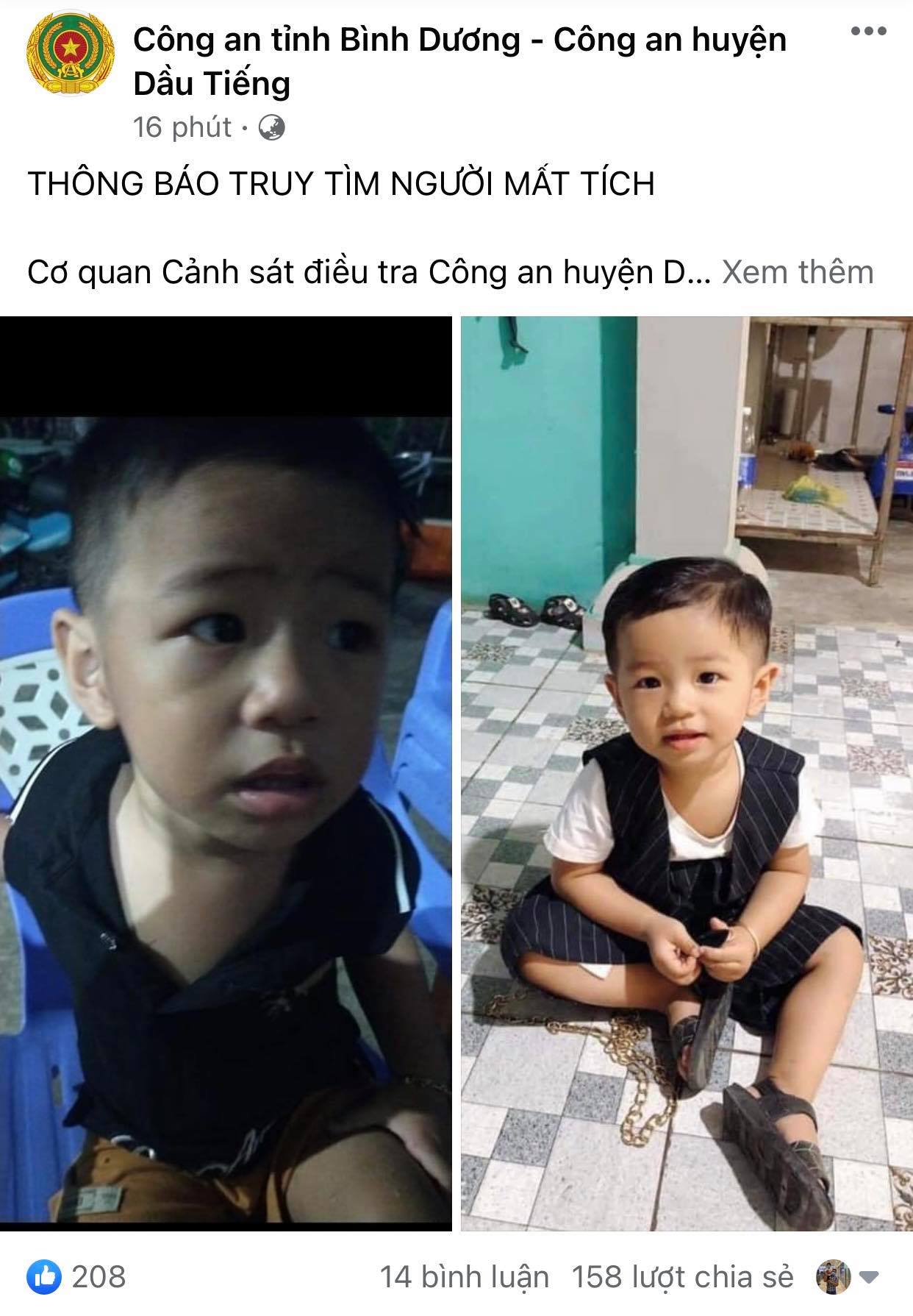Fanpage công an huyện Dầu Tiếng đăng thông tin truy tìm tung tích cháu bé