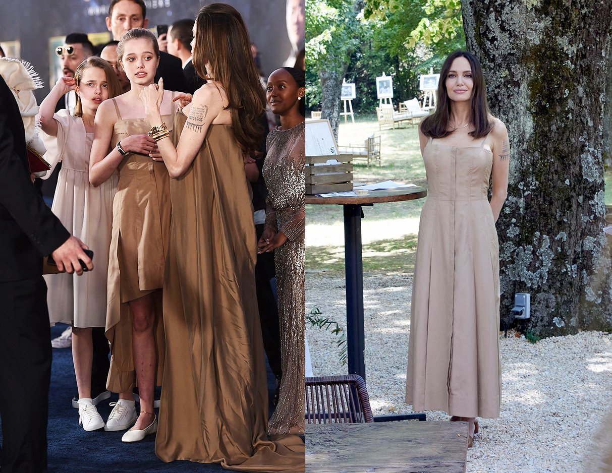 Trong đó, Shiloh diện lại mẫu đầm Gabriela Hearst của Angelina Jolie từng diện ở Paris 