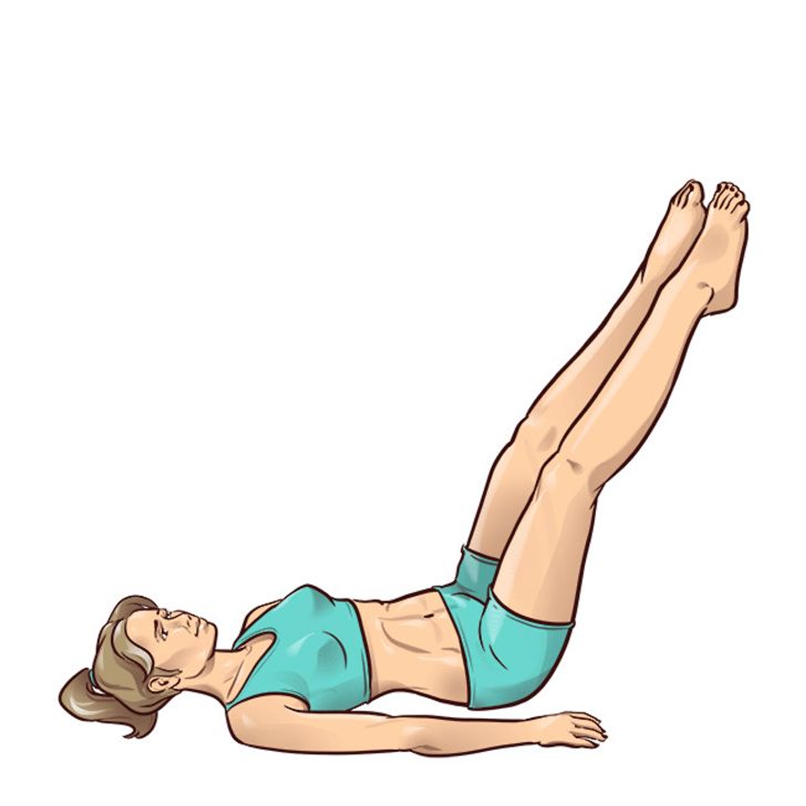 Phần thứ hai: Vị trí ban đầu - nằm ngửa, hai chân nâng lên và hơi cong ở đầu gối. Đung đưa bằng cả hai chân, nâng cao mông và giữ căng phần trên của chân. Lặp lại: 20 lần. Khi bạn cảm thấy căng cơ ở phần sau của đùi và cảm giác hơi rát là bạn đã thực hiện đúng động tác rồi. 