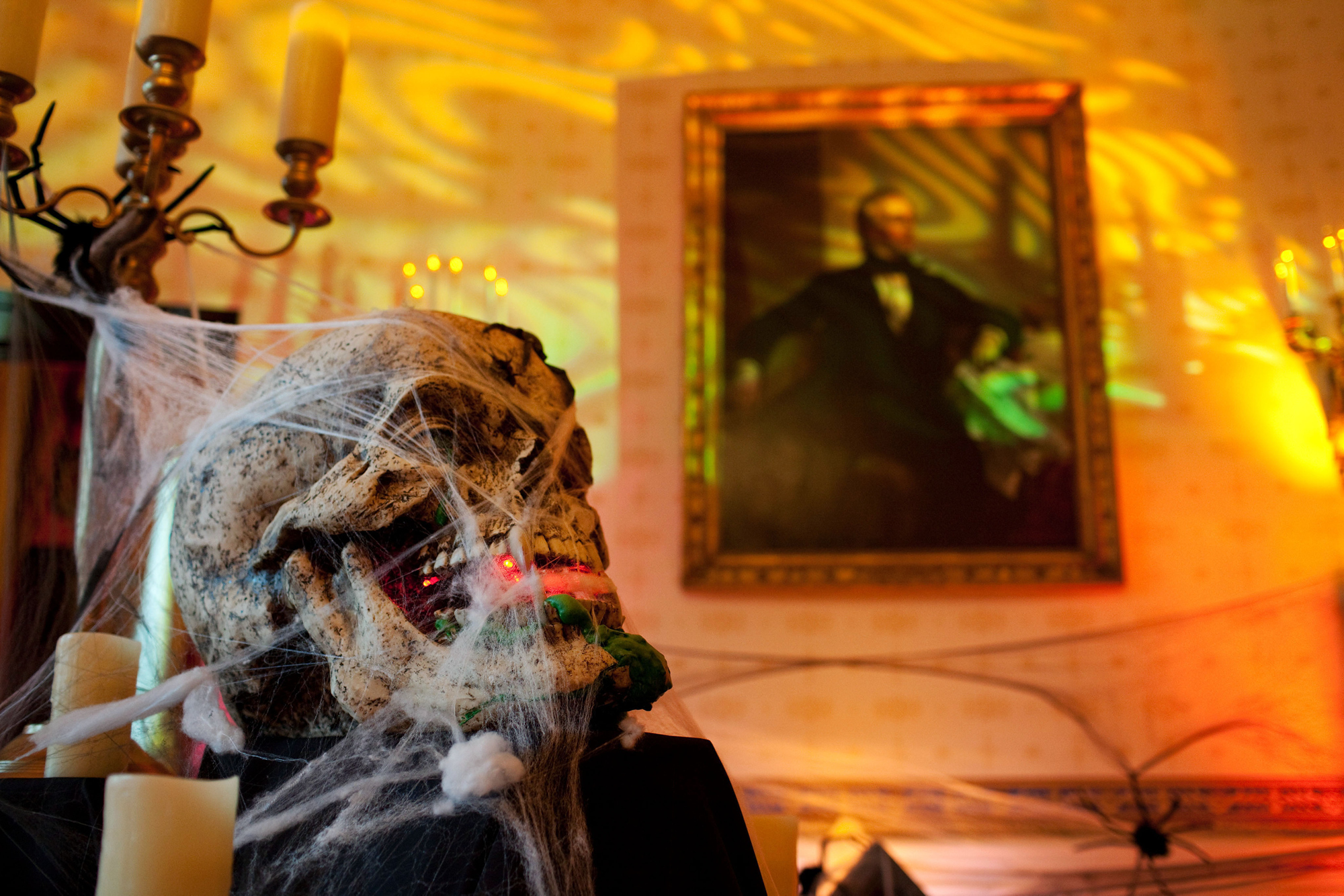 2009, Một bộ xương và những ngọn nến trang trí Phòng Xanh của Nhà Trắng như một phần của tiệc Halloween dành cho các gia đình quân nhân và con cái của nhân viên Nhà Trắng dưới thời chính quyền Barack Obama. Ở hậu cảnh của bức ảnh là chân dung John Tyler của George Peter Alexander Healy.