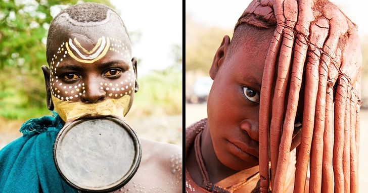 Ở bộ tộc Mursi của Ethiopia, các cô gái học cách căng da môi dưới bằng đĩa đặc biệt. Đĩa càng lớn thì địa vị xã hội của cô gái càng cao và của hồi môn phải trả trước hôn nhân càng lớn.  Một điều tương tự có thể được tìm thấy với bộ tộc Suri. Họ là một bộ tộc châu Phi nhỏ sinh sống tại một khu vực ở tây nam Ethiopia dọc theo biên giới Sudan. Họ là một trong số nhiều bộ lạc ở Thung lũng Omo màu mỡ, và ước tính có khoảng 20.000 người.  Người Himba là những người chăn nuôi du mục sống ở khu vực Kaokoland, tây bắc Namibia. Họ sử dụng đất đỏ và chất béo để bảo vệ mình khỏi ánh nắng mặt trời. Điều này khiến cơ thể chúng có màu đỏ.