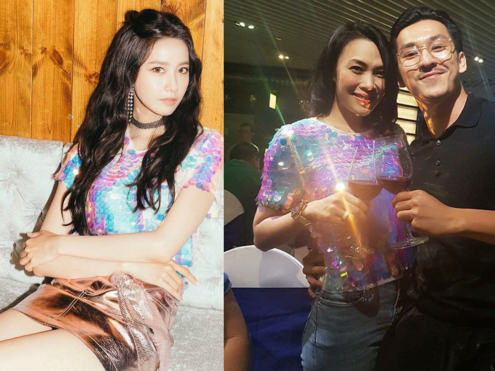 Ca sĩ Mỹ Tâm và Yoona cùng sở hữu chiếc áo vảy cá với nhiều màu sắc nổi bật. Thành viên SNSD khéo léo phối cùng chân váy chất liệu da ánh kim, trong khi đó Mỹ Tâm có phần đơn điệu khi diện cùng quần jeans.