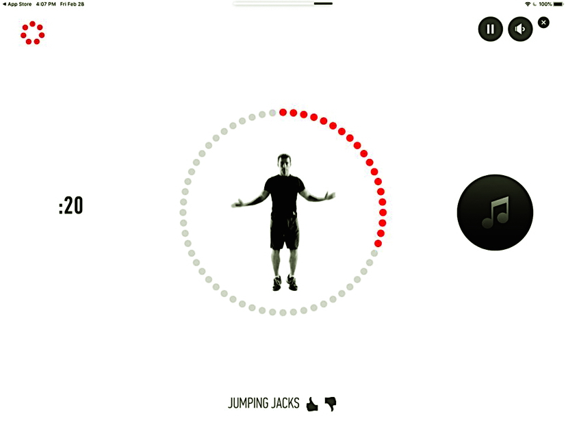 Giao diện đơn giản của Johnson & Johnson 7 Minute Workout giúp người dùng tương tác dễ dàng. Trong suốt quá trình tập, từng động tác được chính huấn luyện viên chuyên nghiệp  Chris Jordan minh họa sống động -  ẢNH: JOHNSON & JOHNSON
