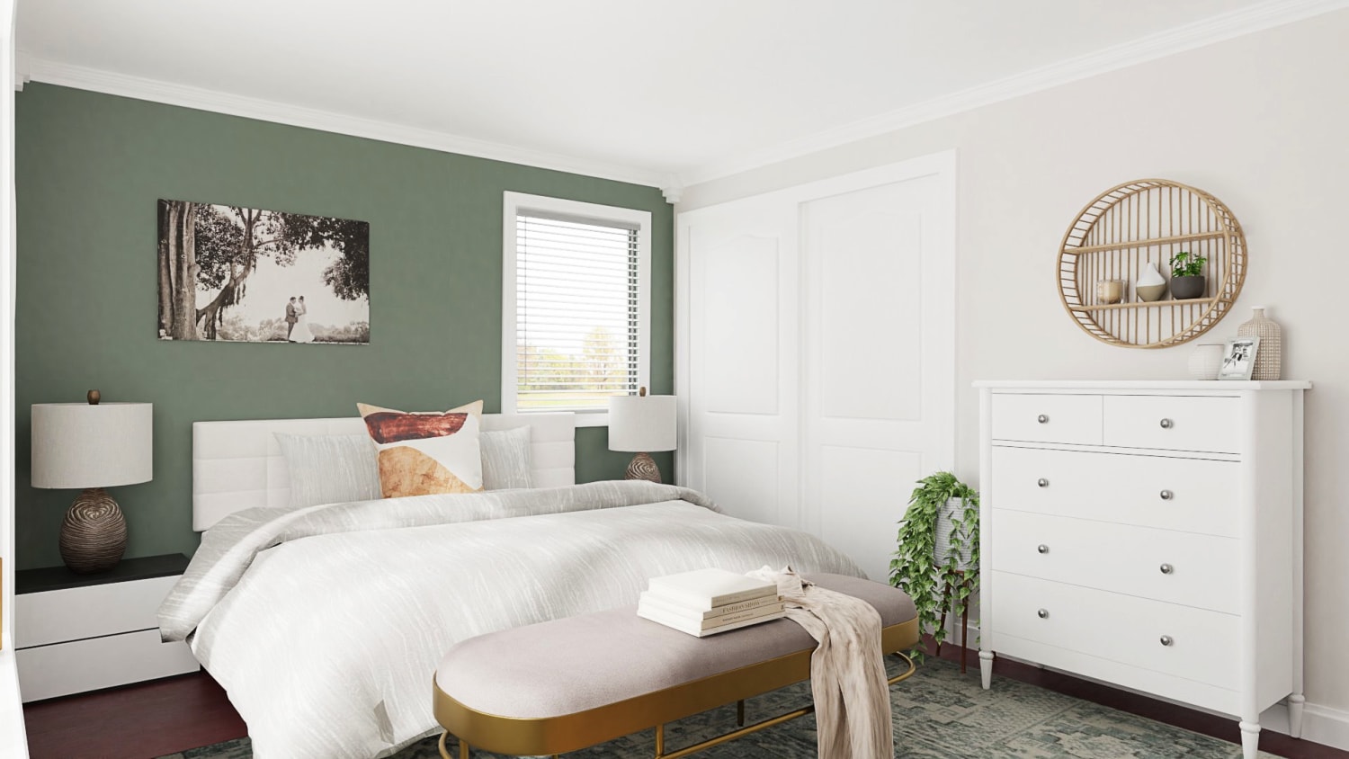 Ngày nay, màu xanh lá cây xô thơm đã trở nên phổ biến không kém trong sơn nhà. Trong phòng ngủ, màu sắc này gợi lên hình ảnh của những khu vườn, cỏ và tất cả những món quà của thiên nhiên — một sự tương phản đáng yên tâm với cuộc sống có nhịp độ nhanh, chạy theo công nghệ của chúng ta. Kết hợp màu này với bộ đồ giường  hoặc đồ trang trí màu trắng và gỗ tông màu mật ong ấm áp để có một kết quả đặc biệt dễ chịu khiến bạn muốn bò vào giường — và ở yên đó!