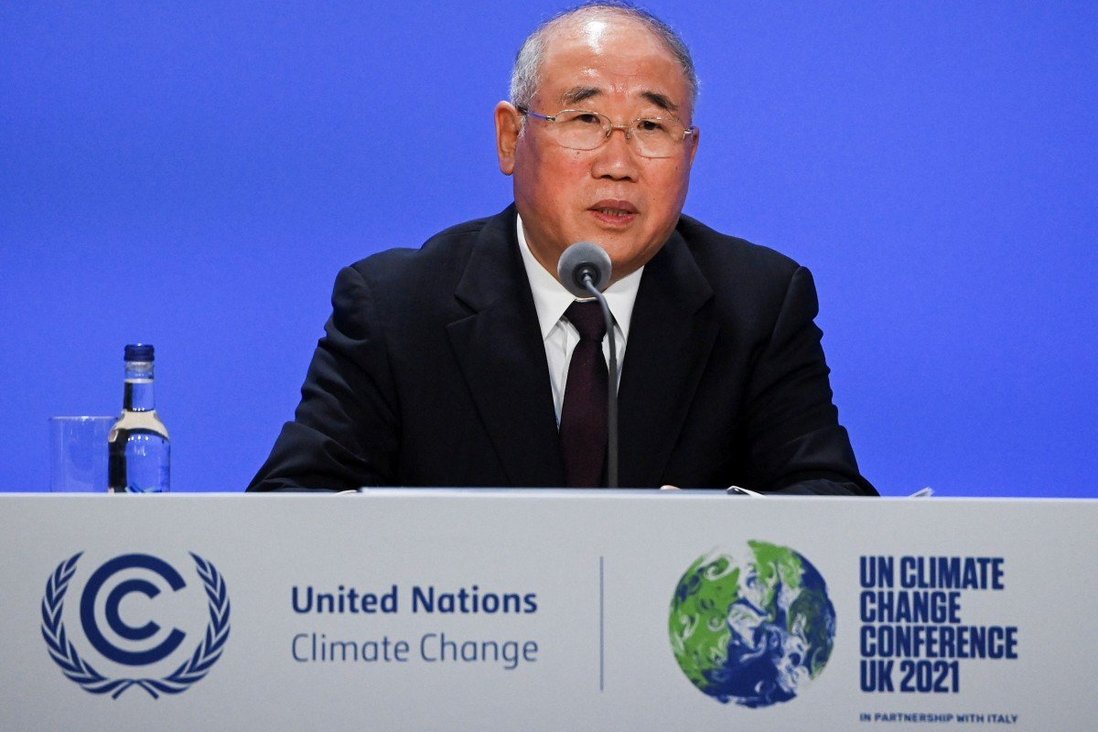 Trưởng đoàn đàm phán về khí hậu của Trung Quốc Xie Zhenhua phát biểu về một tuyên bố chung của Trung Quốc và Mỹ về tăng cường hành động vì khí hậu tại hội nghị khí hậu COP26 ở Glasgow