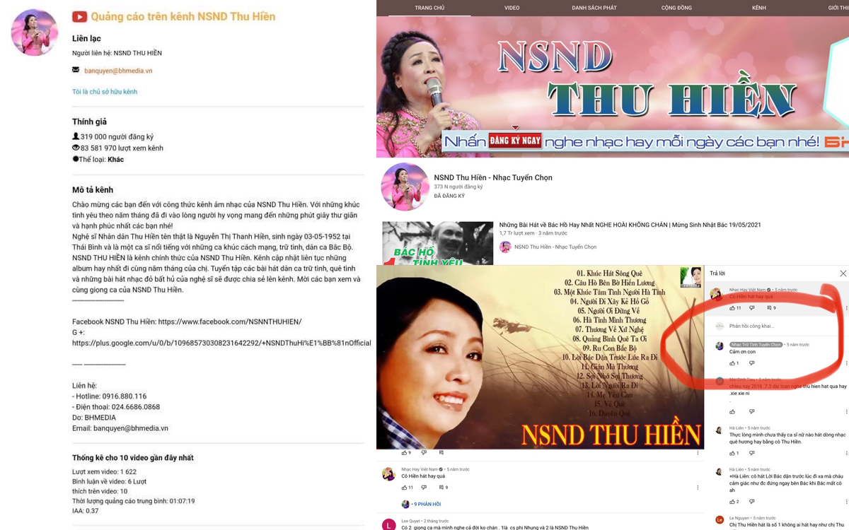 Kênh YouTube mang tên NSND Thu Hiền do BH Media lập hơn 5 năm qua