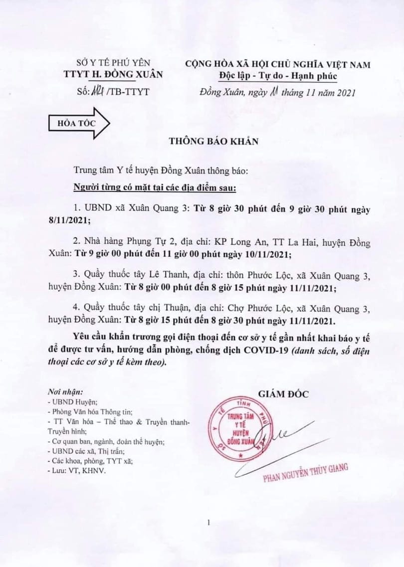 Trung tâm Y tế huyện Đồng Xuân ra thông báo khẩn tìm người có liên quan ca mắc COVID-19 ở xã Xuân Quang 3 