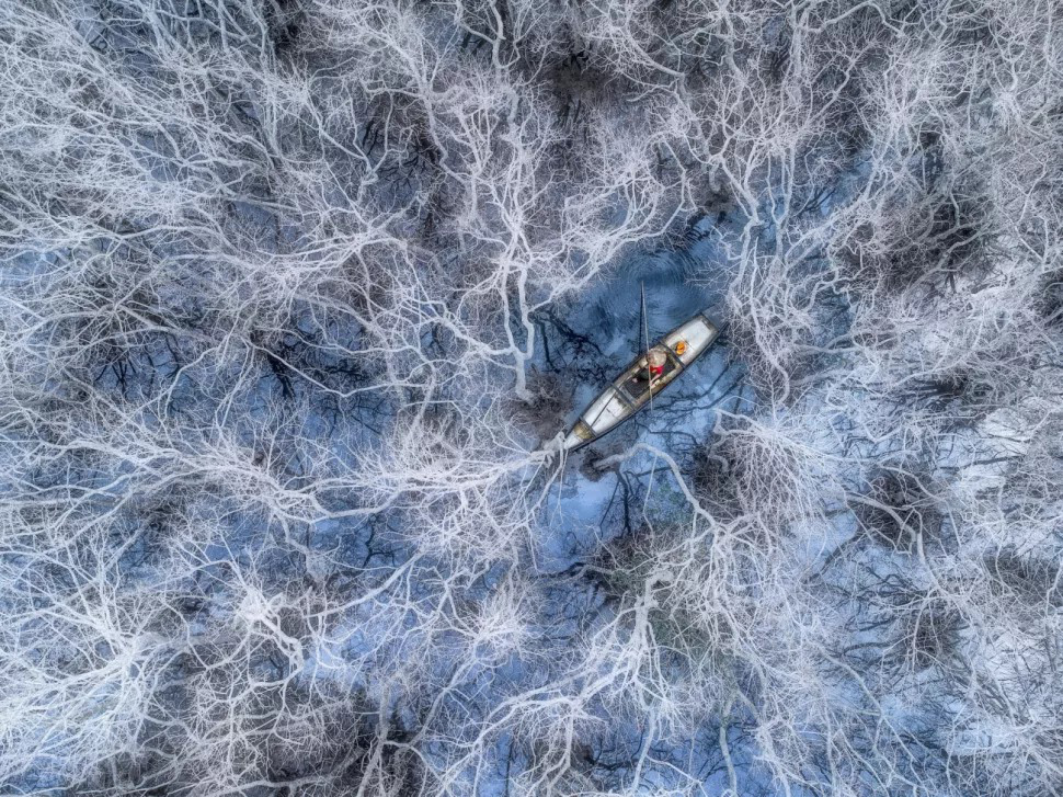 Tác phẩm Đánh cá ở rừng ngập mặn của nhiếp ảnh gia Phạm Huy Trung vừa giành giải nhất ở hạng mục Con người tại cuộc thi ảnh Drone Photo Awards 2021
