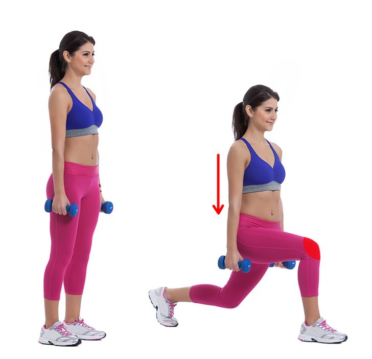 u điểm chính của động tác ngửa ra sau là bạn sẽ ít gây căng thẳng hơn cho các khớp gối.  Đối với vị trí bắt đầu, đứng thẳng với cơ thể, giữ hai quả tạ ở hai bên tay của bạn. Bước lùi bằng một chân và hạ phần thân trên của bạn xuống bằng cách uốn cong đầu gối và hông của chân đỡ cho đến khi đầu gối của chân sau gần như tiếp xúc với sàn. Đảm bảo giữ thẳng lưng. Giữ thăng bằng và không nhìn xuống. Đảm bảo rằng bạn giữ ống chân trước vuông góc với mặt đất. Không cho phép đầu gối của bạn đi xa hơn ngón chân của bạn. Đẩy lên và trở lại vị trí bắt đầu. Lặp lại.