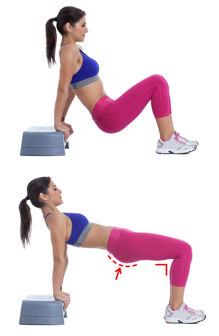 Plank ngược: Các cơ được nhắm mục tiêu chính là bụng, lưng dưới, cơ mông và cơ tam đầu.  Bắt đầu ở tư thế plank ngược với lưng hướng xuống sàn. Đặt tay dưới vai với các ngón tay hướng về phía trước. Đẩy chân của bạn xuống sàn tập trung vào việc thúc đẩy gót chân xuống. Giữ thẳng tay, nâng hông lên khỏi sàn và đưa cơ thể vào tư thế plank ngược, tạo một đường thẳng từ ngực đến chân. Hạ lưng xuống. Lặp lại. Vận động cơ mông và cơ lưng để nâng hông lên.