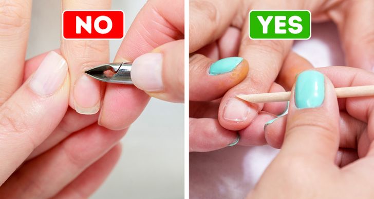 Tất cả chúng ta đều có lỗi khi làm điều này vì chúng ta thỉnh thoảng thấy các chuyên gia làm việc này cho chúng ta, nhưng việc cắt lớp biểu bì của bạn là một nguy cơ lớn về sức khỏe, do bạn để lại những vết cắt không được bảo vệ trên ngón tay có thể bị nhiễm trùng. . Thêm vào đó, khi lớp biểu bì bắt đầu phát triển trở lại, chúng trở lại bong tróc và lộn xộn, điều này làm hỏng hoàn toàn vẻ ngoài của bạn.  Nếu bạn yêu thích vẻ ngoài của lớp biểu bì, thì điều tốt nhất bạn nên làm là sử dụng một thanh gỗ hồng sắc và đẩy chúng trở lại. Bằng cách này, bạn sẽ bảo vệ móng tay của mình không bị nhiễm trùng mà vẫn đạt được vẻ thẩm mỹ như mong muốn.