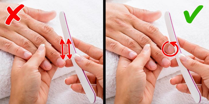 Chúng tôi đã thấy cả những người chuyên nghiệp và nghiệp dư dũa móng tay qua lại để có được bề mặt / lớp nền mịn cho bộ móng tay của họ, nhưng điều này thực sự gây ra là làm hỏng móng tay và làm hỏng toàn bộ bộ móng tay của bạn. Việc tô qua lại làm xuất hiện các vết nứt nhỏ khiến lớp sơn móng tay trông giòn và không đều, đồng thời làm móng yếu đi, dễ gãy hơn.  Việc giũa phải theo chuyển động tròn hoặc theo một hướng để tránh móng tay của bạn trở nên yếu hơn và giúp bạn tránh tốn tiền cho các phương pháp điều trị để giúp chúng phục hồi sau này.