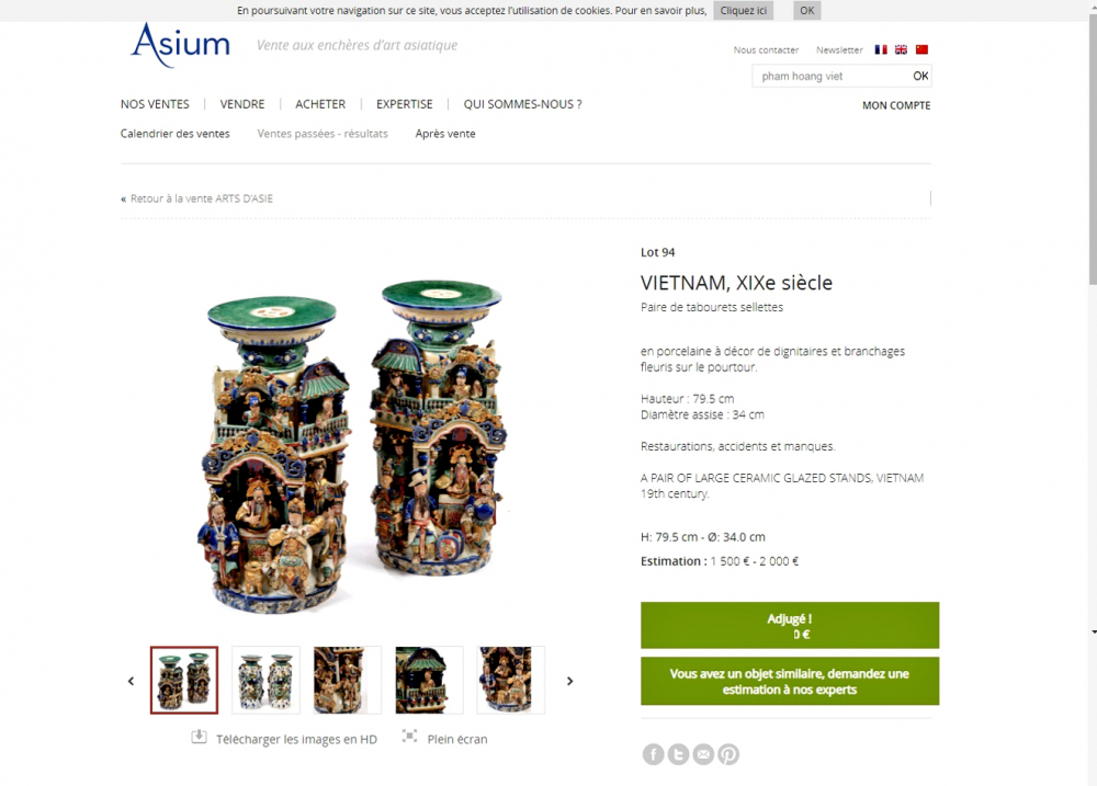 Hồ sơ về cặp đôn gốm Cây Mai của ông P.H.V. trên trang web Nhà đấu giá Asium (Paris, Pháp) - ẢNH: QUỐC NGỌC