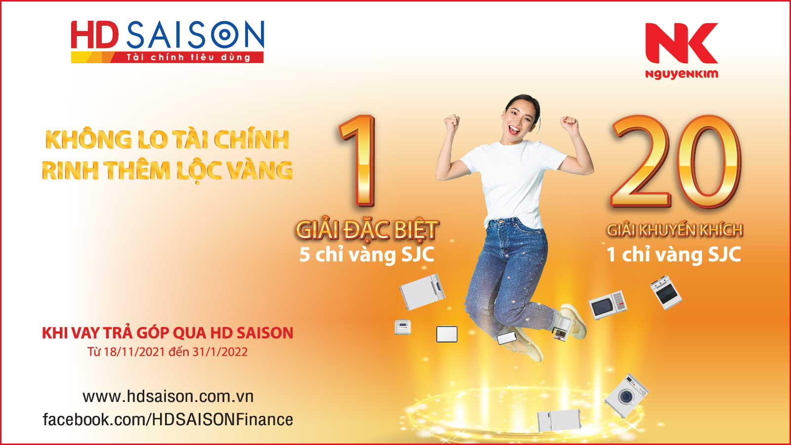 HD SAISON tặng vàng cho khách hàng vay mua sản phẩm điện máy trả góp tại Nguyễn Kim