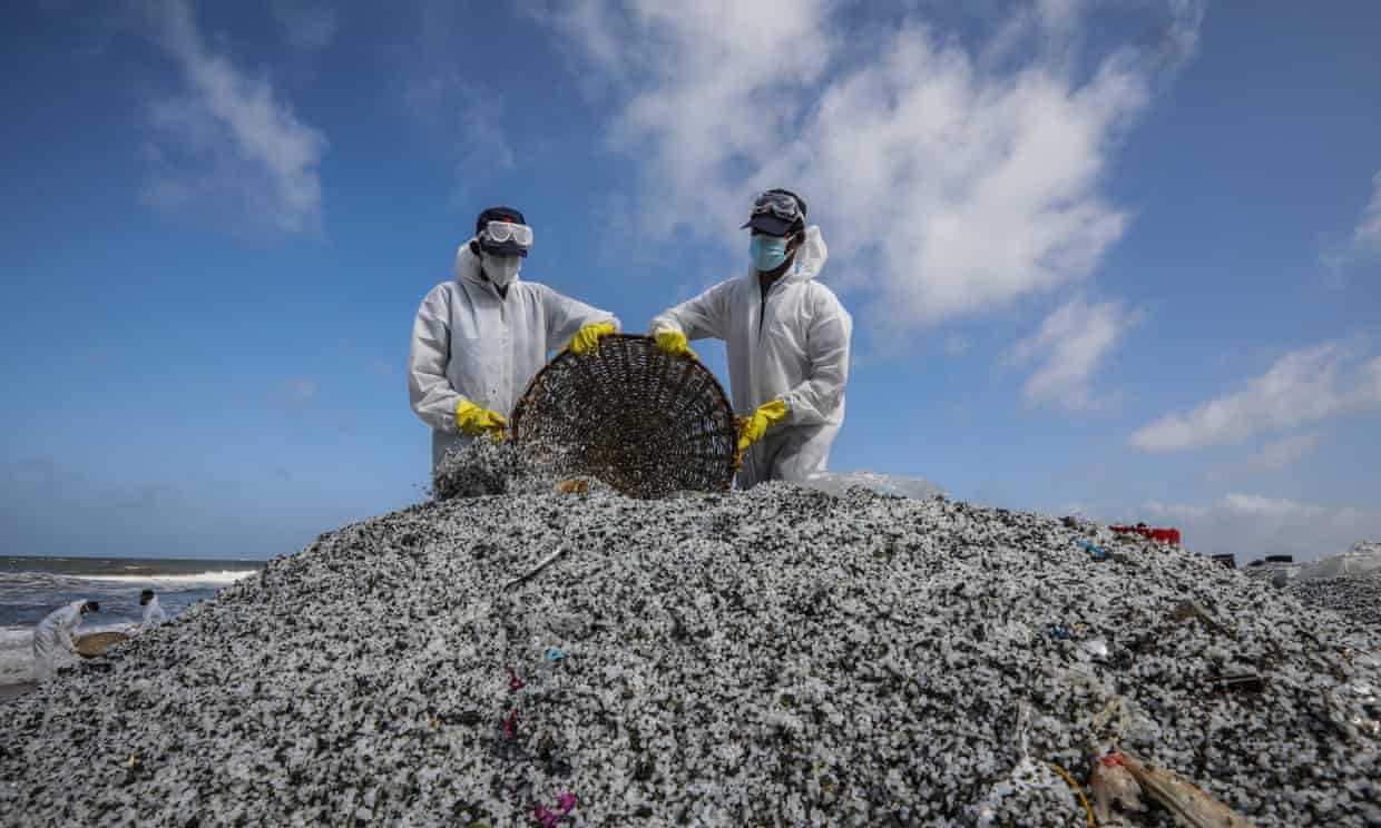 Các nhân viên hải quân Sri Lanka dọn dẹp một bãi biển bị ô nhiễm do ‘vượt rào’ trong vụ tràn nhựa lớn nhất trong lịch sử của nước này, từ thảm họa tàu container X-Press Pearl.
