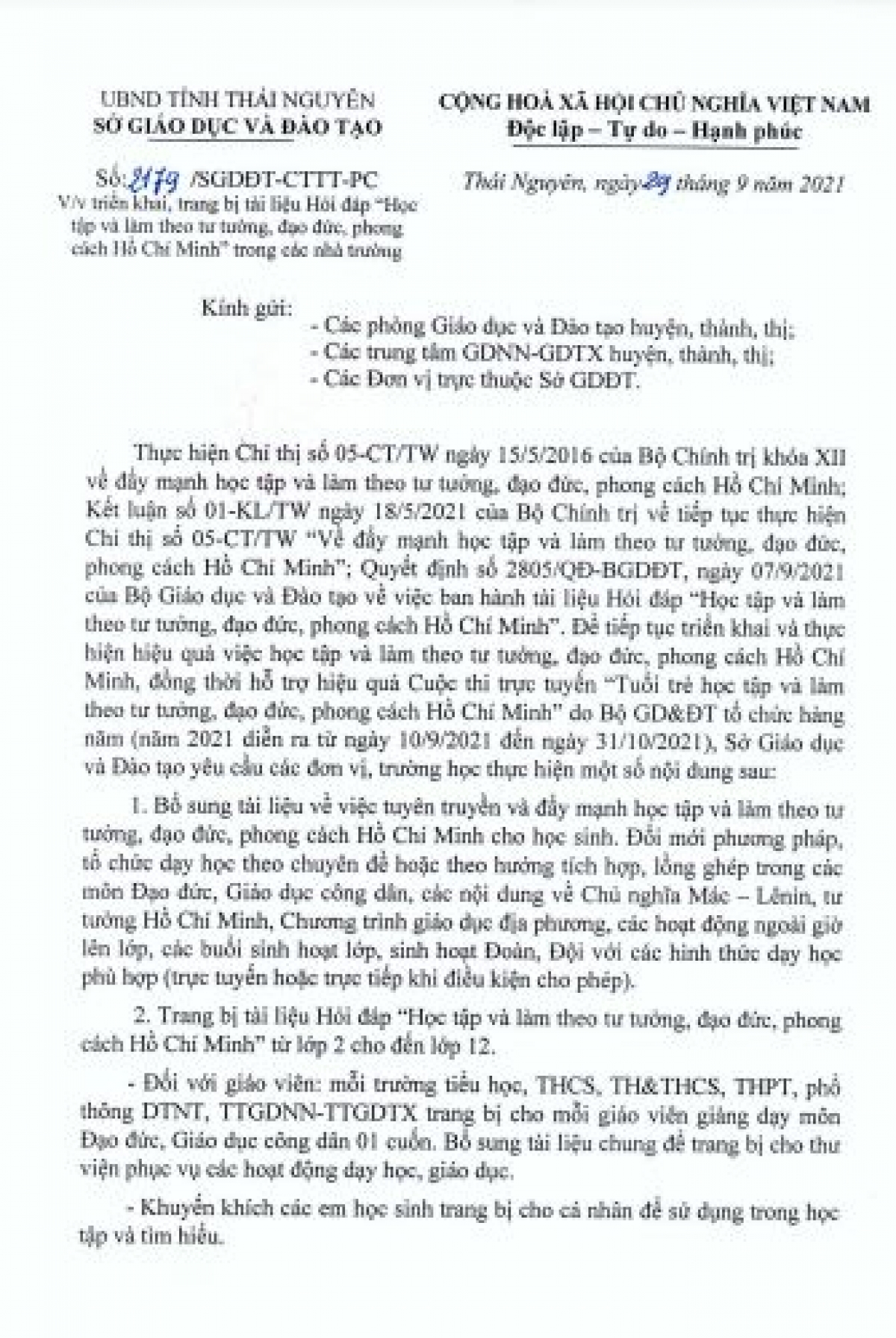 Văn bản chỉ đạo của Sở GD-ĐT tỉnh Thái Nguyên về việc trang bị tài liệu Hỏi đáp “Học tập và làm theo tư tưởng, đạo đức, phong cách Hồ Chí Minh”