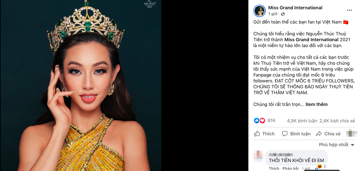 Thông báo trên trang fanpage chính thức của Hoa hậu Hoà bình Quốc tế