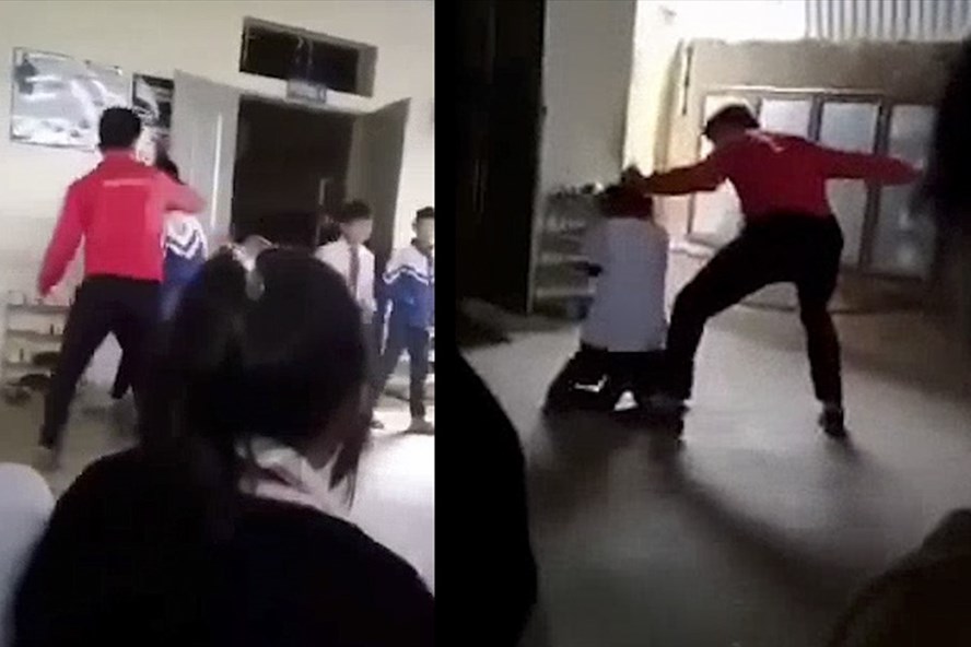 Thầy giáo đánh học sinh khiến nhiều người búc xúc (ảnh cắt từ clip)