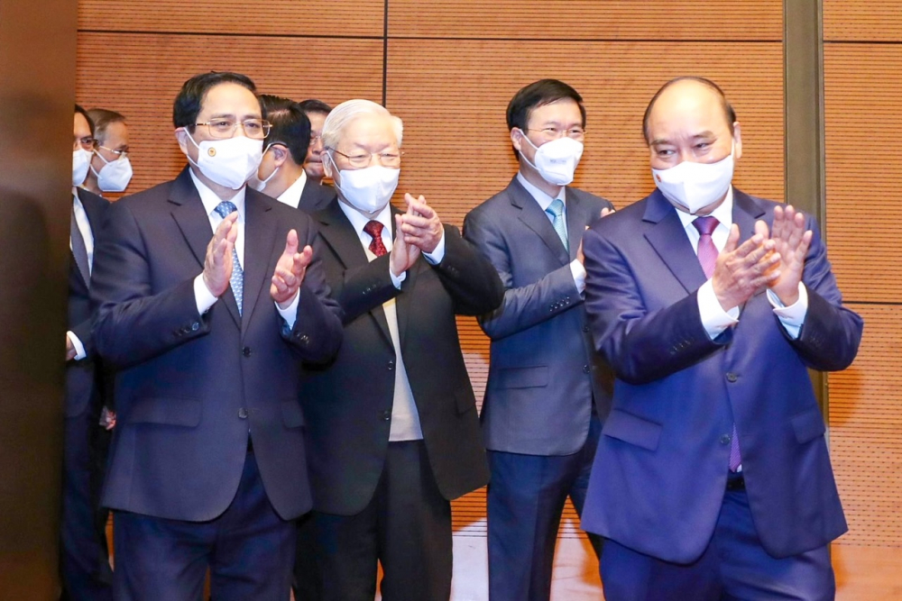 ​Tổng Bí thư Nguyễn Phú Trọng và các đồng chí lãnh đạo Đảng, Nhà nước dự Hội nghị. Ảnh: VGP/Nhật Bắc